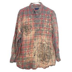 Boho Flannel Shirt Mens Size Large Unisex Floral Stencil Bleached Plaid Handmade